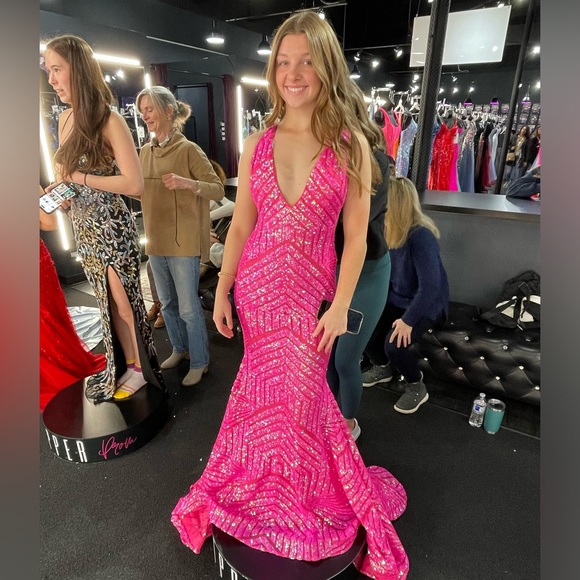 Short Hot Pink Sequin Jovani Homecoming Dress main image 1